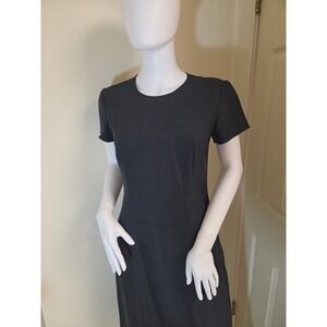 Finity Black 100% Silk Short Sleeve Midi Dress Size 4 Textured Crew Neck Lining
